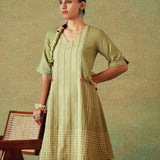 Green Block Printed Dress Princess Line Cut with Stripes & Hand-Embroidered Pocket