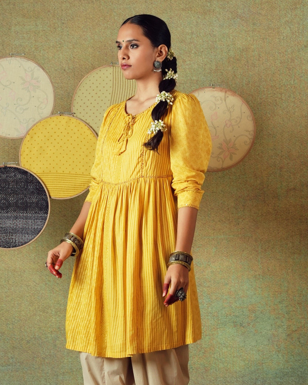 Yellow Flared Empire Line Dress with Yellow Stripe and Moth Block Print