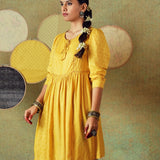 Yellow Flared Empire Line Dress with Yellow Stripe and Moth Block Print