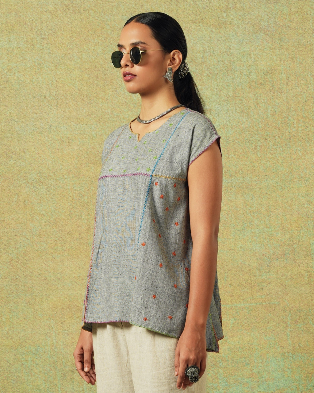 Hand Embroidered Flared Top Grey
