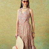 Front view of pink crinkled Jaipur block print halter neck dress with Jaal pattern – RA Studio