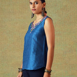 Blue sleeveless Dupion silk top with hand embroidery – RA Studio