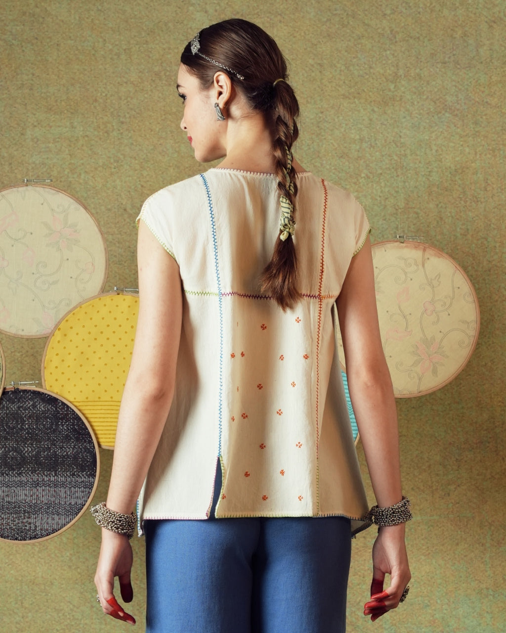 Hand Embroidery Flared Top Stripes Creamy White
