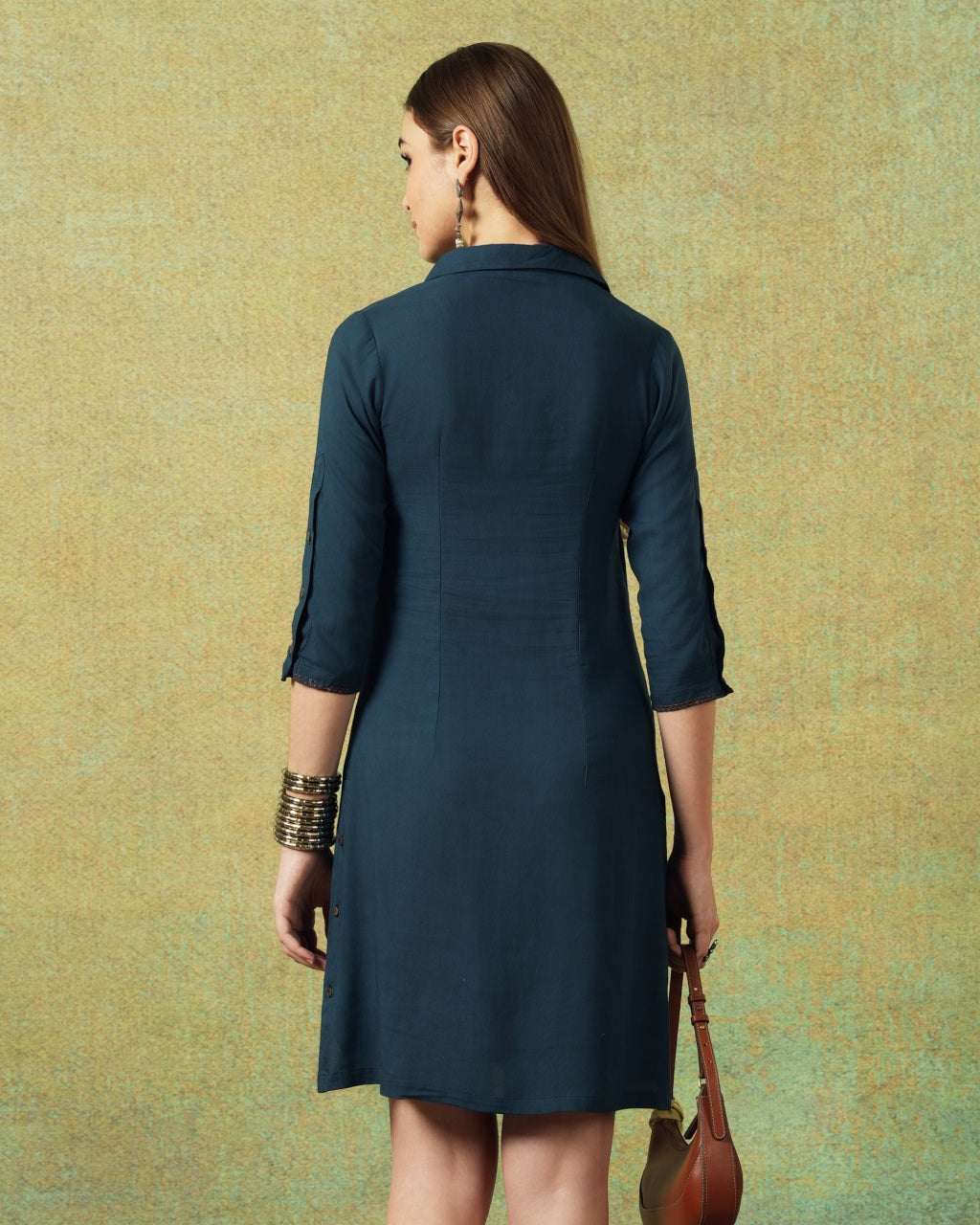 Collared Blue Dress with Details Straight Cut