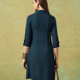 Collared Blue Dress with Details Straight Cut
