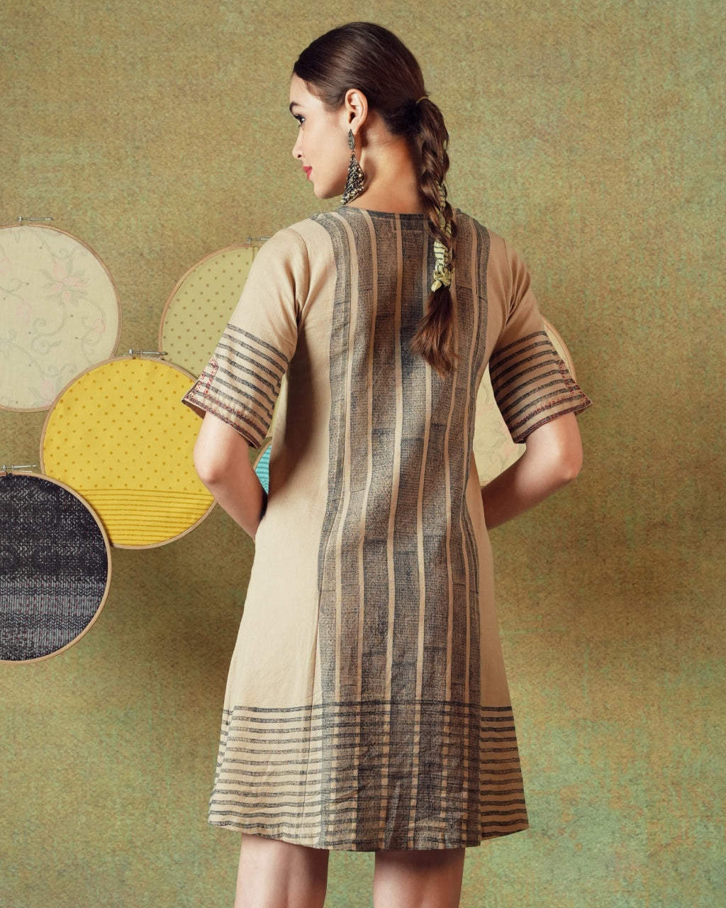 Beige Block Print Dress Princess Line Cut with Stripes & Hand-Embroidered Pocket