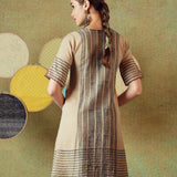 Beige Block Print Dress Princess Line Cut with Stripes & Hand-Embroidered Pocket