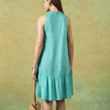 Sleeveless A-line Shirt Dress Blue Moth and Stripe Print..