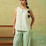 Flared Bottom Pants Green Wide Stripes