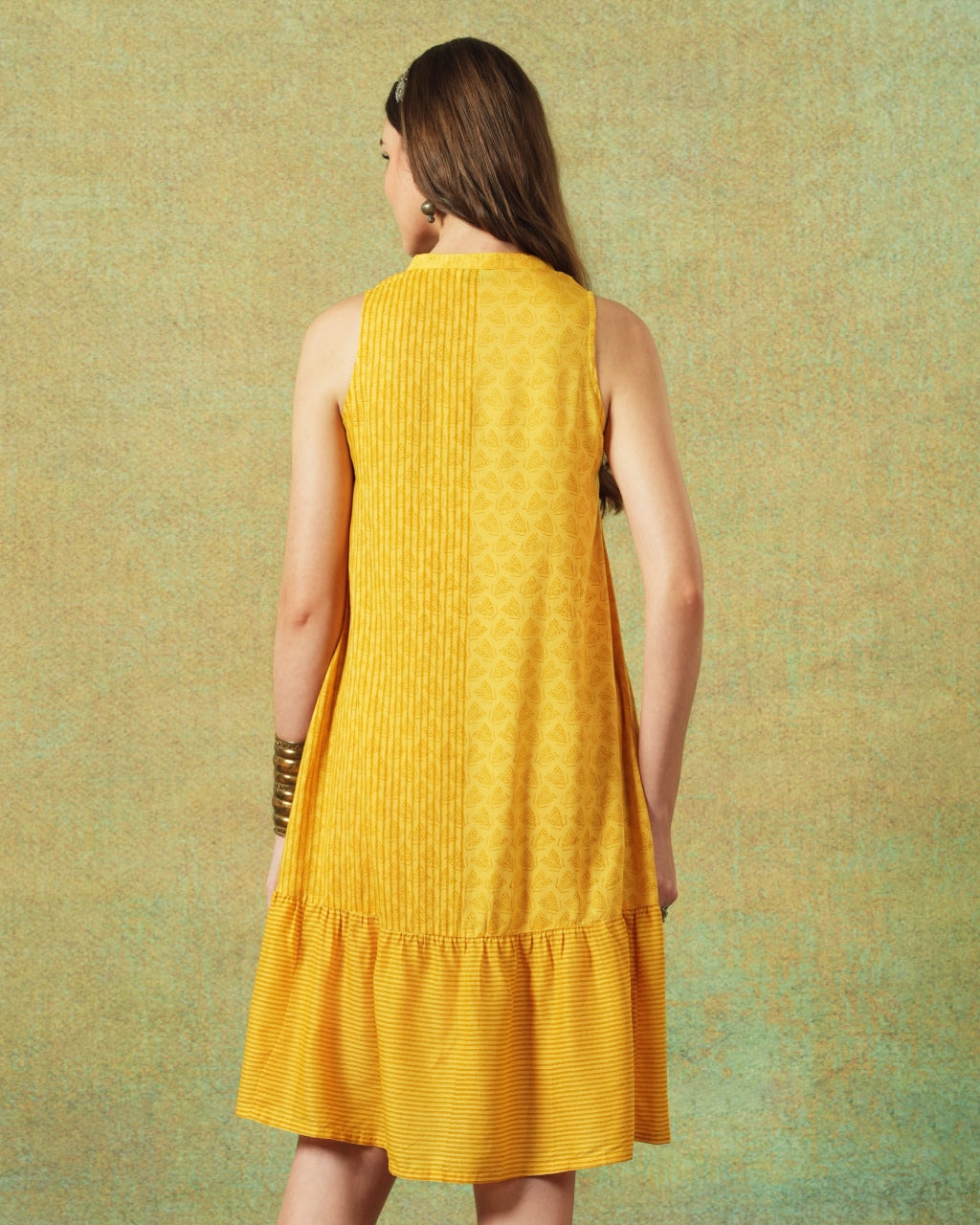 Sleeveless A-line Shirt Dress Yellow Moth and Stripe Print