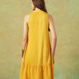 Sleeveless A-line Shirt Dress Yellow Moth and Stripe Print