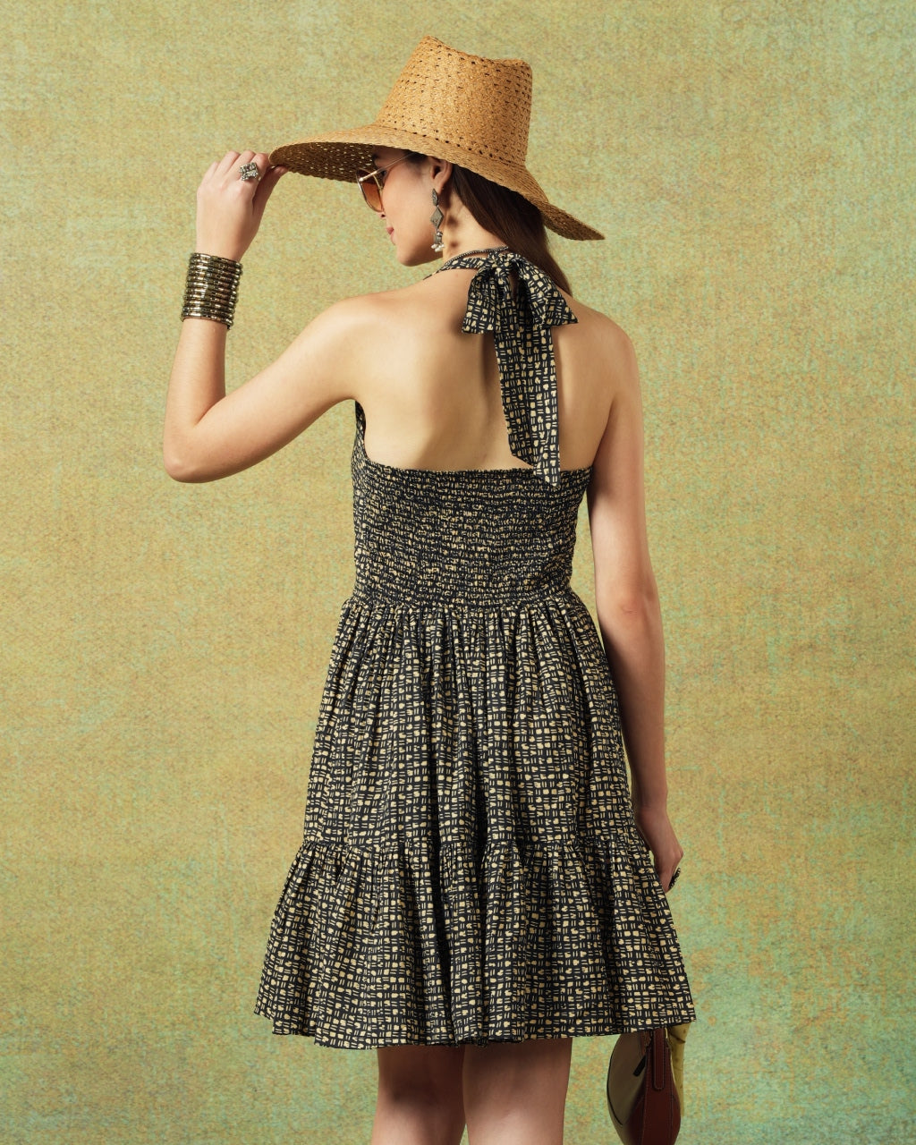 Dress Halter Neck Crinkled Jaipur Block Print Jaal Print Black