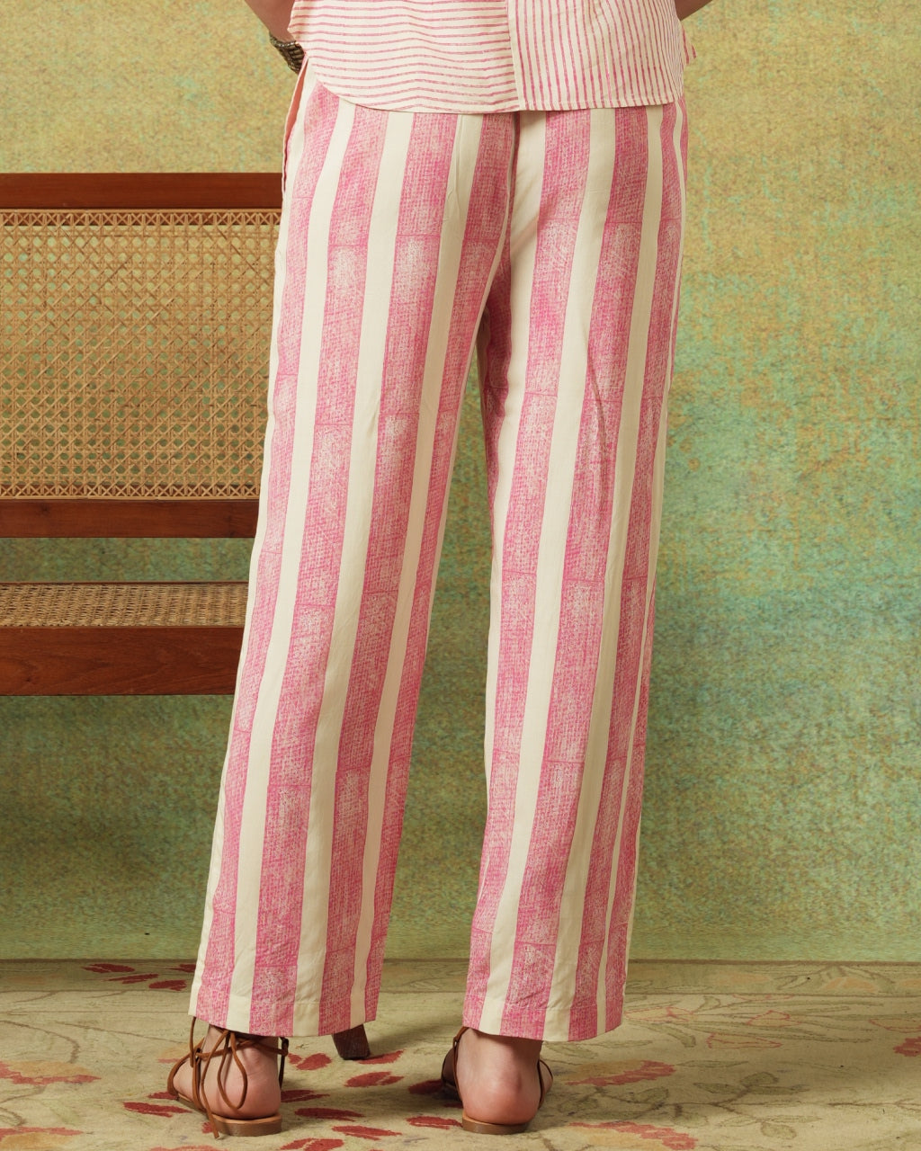 Flared Bottom Pants Pink Wide Stripes