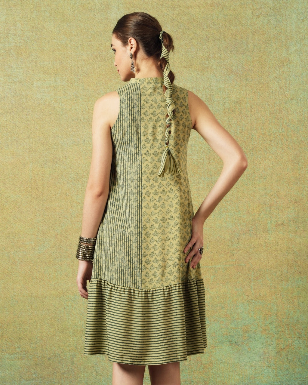 Sleeveless A-line Shirt Dress Green Moth and Stripe Print