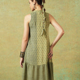 Sleeveless A-line Shirt Dress Green Moth and Stripe Print