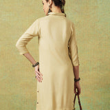 Collared Beige Dress with Details Straight Cut