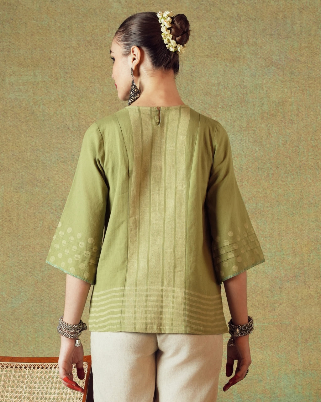 Green Block Printed Tunic Princess Line Cut with Embroidered Pocket