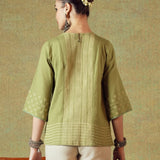 Green Block Printed Tunic Princess Line Cut with Embroidered Pocket
