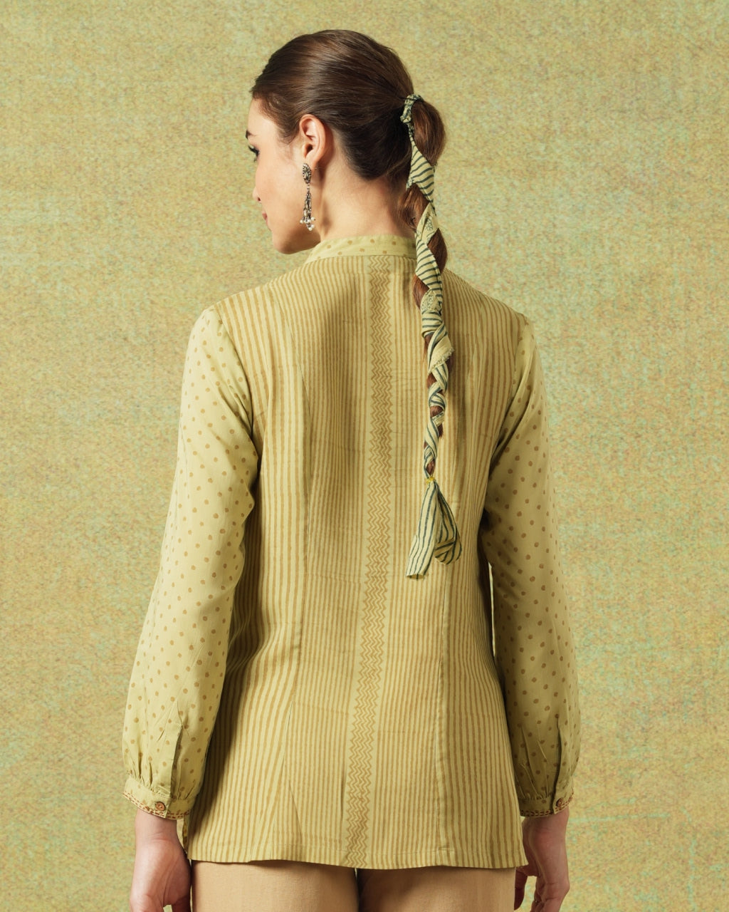 Block Printed Shirt with Pockets Green Stripe and Dot