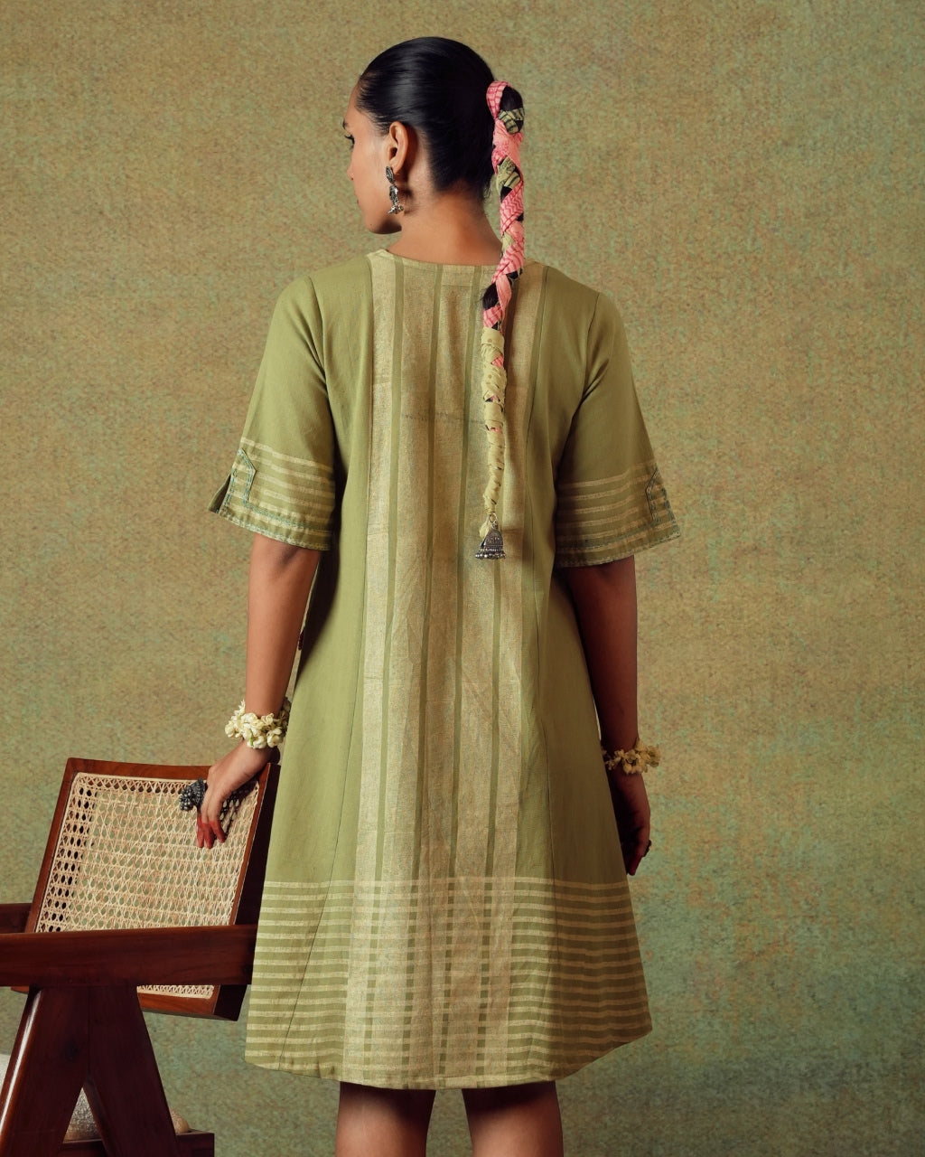 Green Block Printed Dress Princess Line Cut with Stripes & Hand-Embroidered Pocket