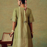 Green Block Printed Dress Princess Line Cut with Stripes & Hand-Embroidered Pocket