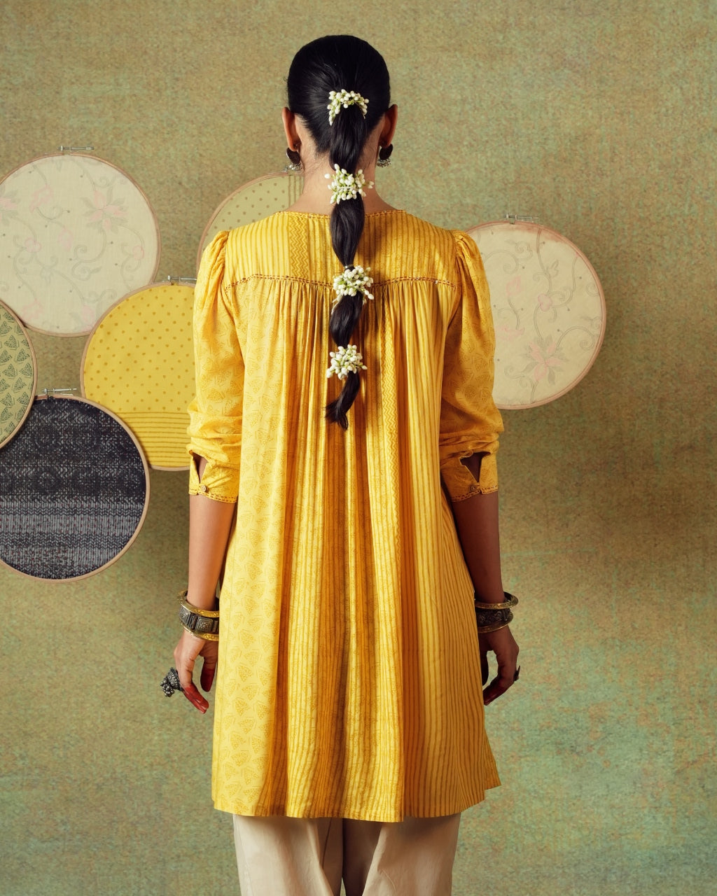 Yellow Flared Empire Line Dress with Yellow Stripe and Moth Block Print