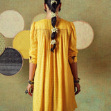 Yellow Flared Empire Line Dress with Yellow Stripe and Moth Block Print