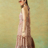 Side view of pink halter neck crinkled Jaipur block print dress with Jaal pattern – RA Studio