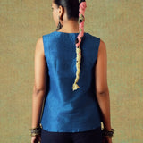 Back view of blue sleeveless Dupion silk embroidered top