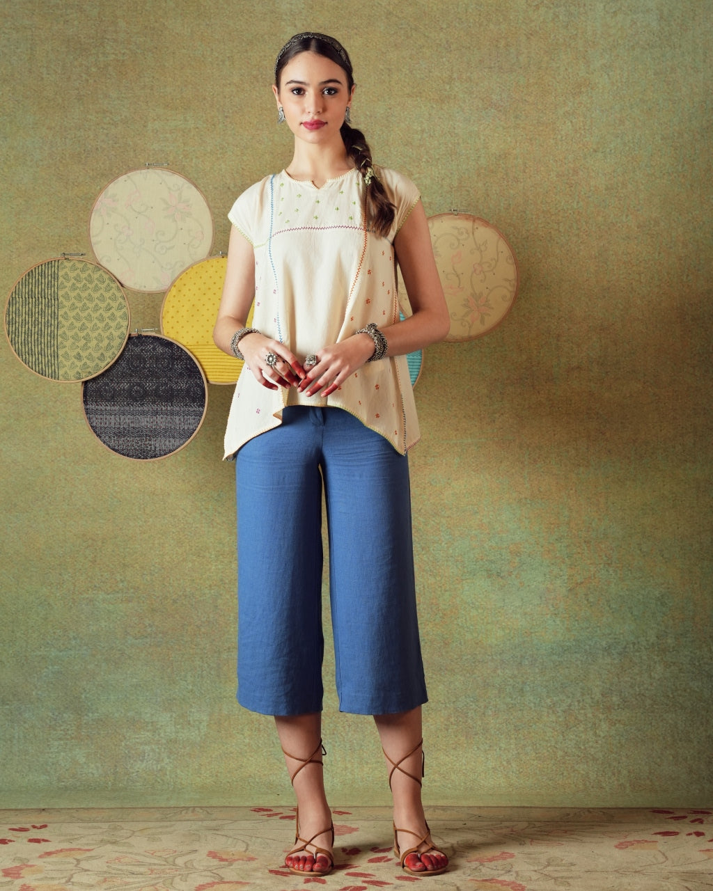 Hand Embroidery Flared Top Stripes Creamy White