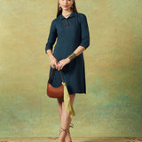 Collared Blue Dress with Details Straight Cut