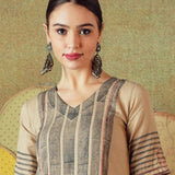 Beige Block Print Dress Princess Line Cut with Stripes & Hand-Embroidered Pocket