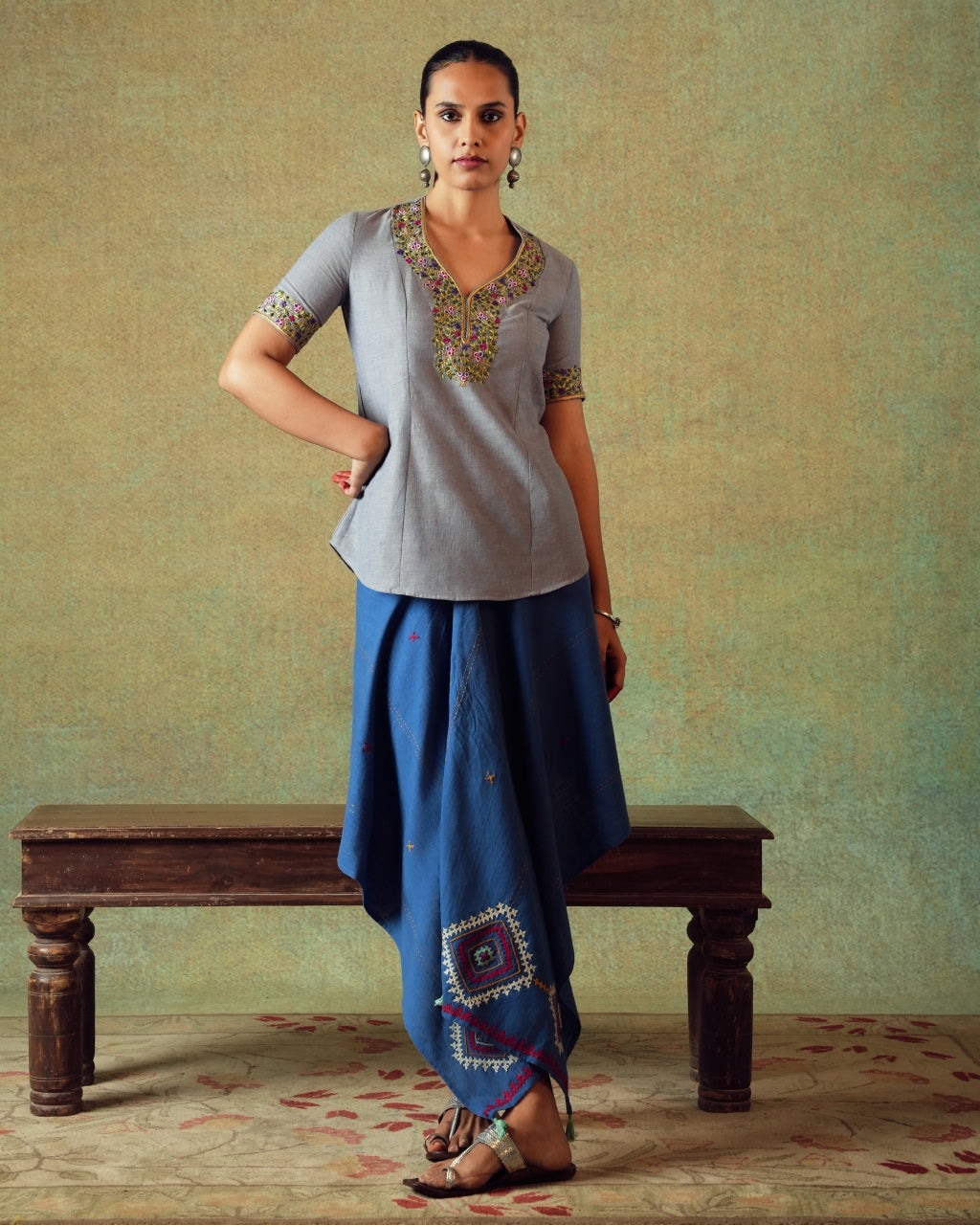Hand Embroidery Tunic Princess Cut Grey