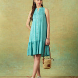 Sleeveless A-line Shirt Dress Blue Moth and Stripe Print..