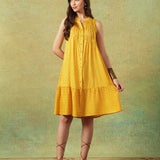 Sleeveless A-line Shirt Dress Yellow Moth and Stripe Print