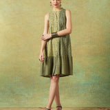 Sleeveless A-line Shirt Dress Green Moth and Stripe Print