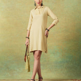 Collared Beige Dress with Details Straight Cut