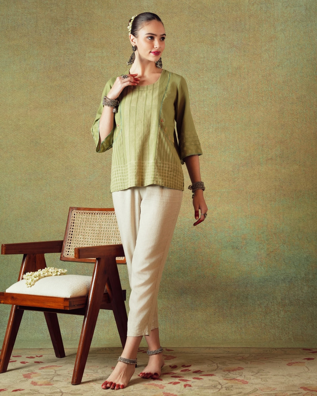 Green Block Printed Tunic Princess Line Cut with Embroidered Pocket