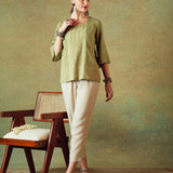 Green Block Printed Tunic Princess Line Cut with Embroidered Pocket