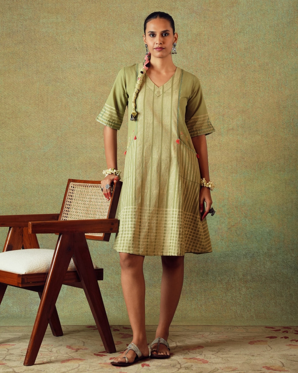 Green Block Printed Dress Princess Line Cut with Stripes & Hand-Embroidered Pocket