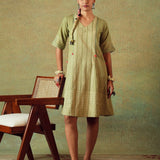 Green Block Printed Dress Princess Line Cut with Stripes & Hand-Embroidered Pocket