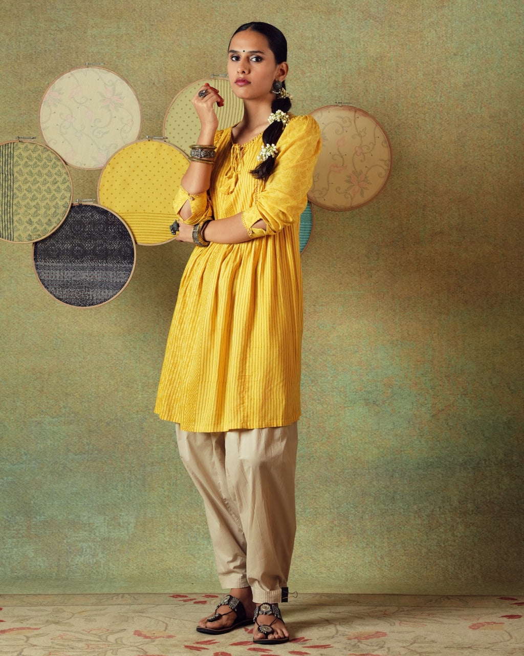 Yellow Flared Empire Line Dress with Yellow Stripe and Moth Block Print
