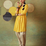Yellow Flared Empire Line Dress with Yellow Stripe and Moth Block Print