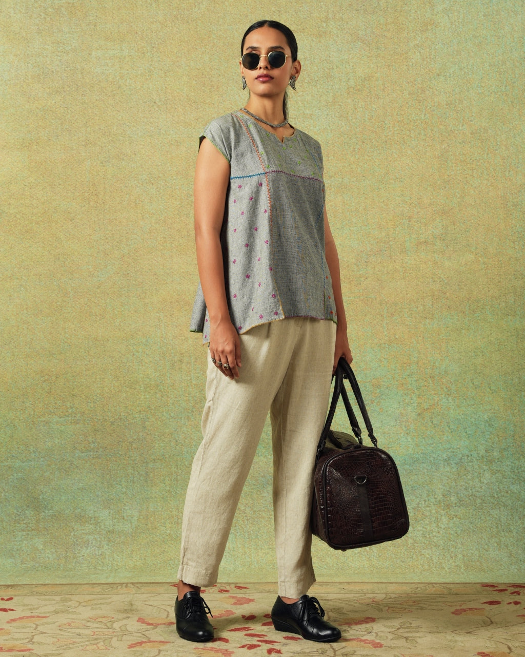 Hand Embroidered Flared Top Grey