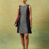 Sleeveless black and grey panel A-line dress with red belt detailing – RA Studio