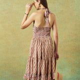 Back view of pink crinkled Jaipur block print halter neck dress with Jaal pattern – RA Studio