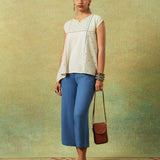Creamy white flared top with hand embroidery, checks and thin stripes – RA Studio