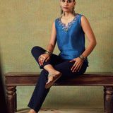 Blue sleeveless Dupion silk top with hand embroidery