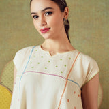 Hand Embroidery Flared Top Stripes Creamy White
