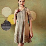 Beige Block Print Dress Princess Line Cut with Stripes & Hand-Embroidered Pocket
